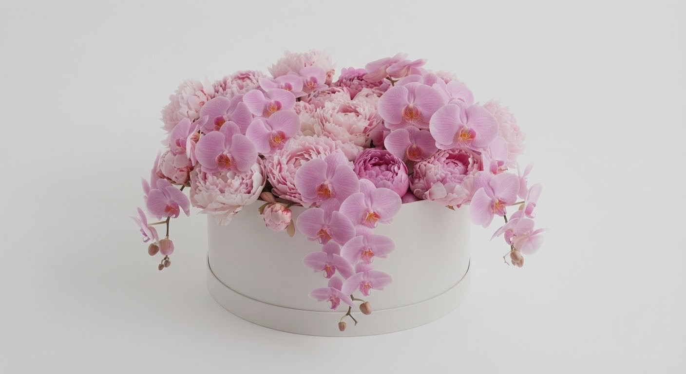 Rózsaszín orchidea és bazsarózsa vegyes kompozíció fehér kerek dobozban.